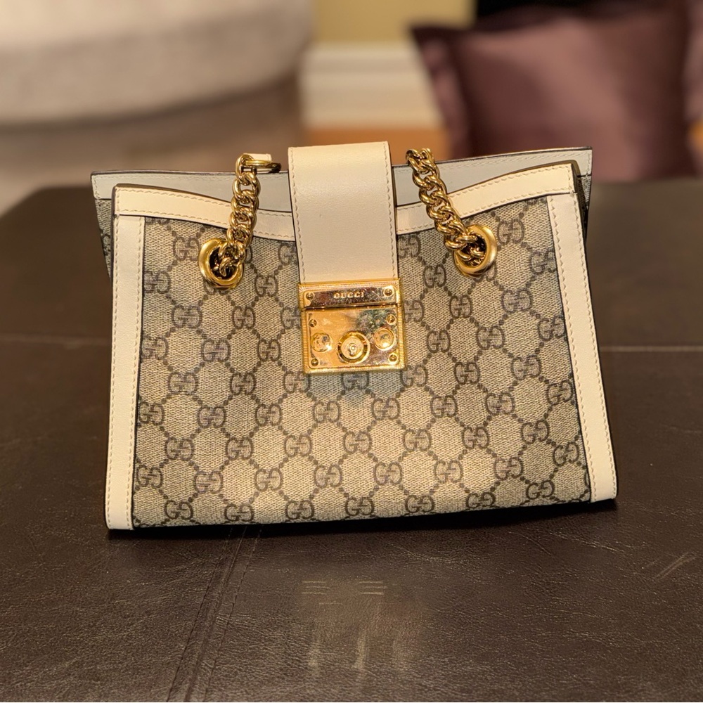 Small Gucci Supreme Monogram Padlock White Trim Canvas Chain-Handle Tote